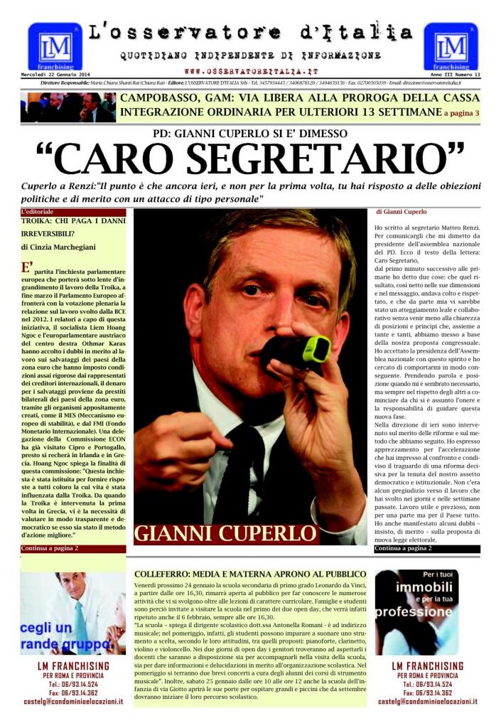 L'osservatore d'Italia edizione del 22 Gennaio 2014